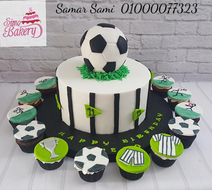 Soccer ball cake and cupcakes
