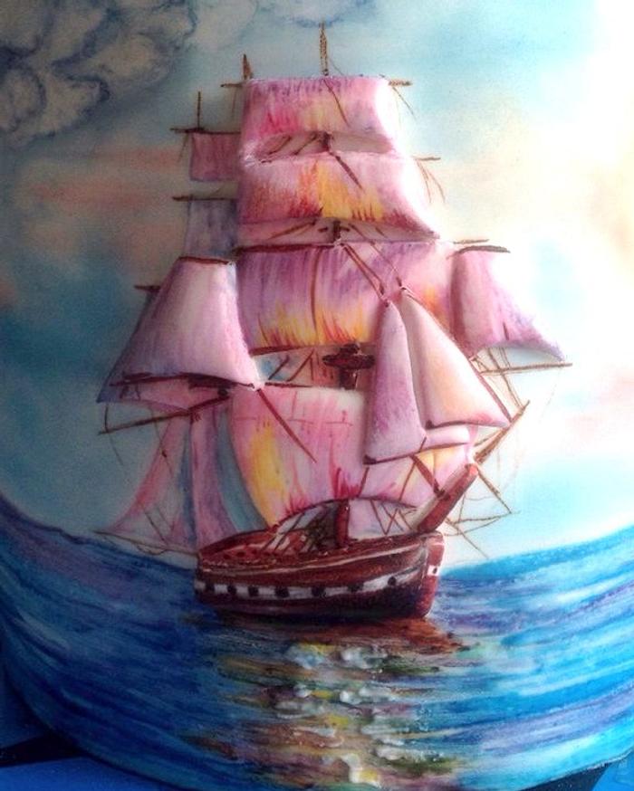 Bas-relief of the sailboat, hand-painted.
