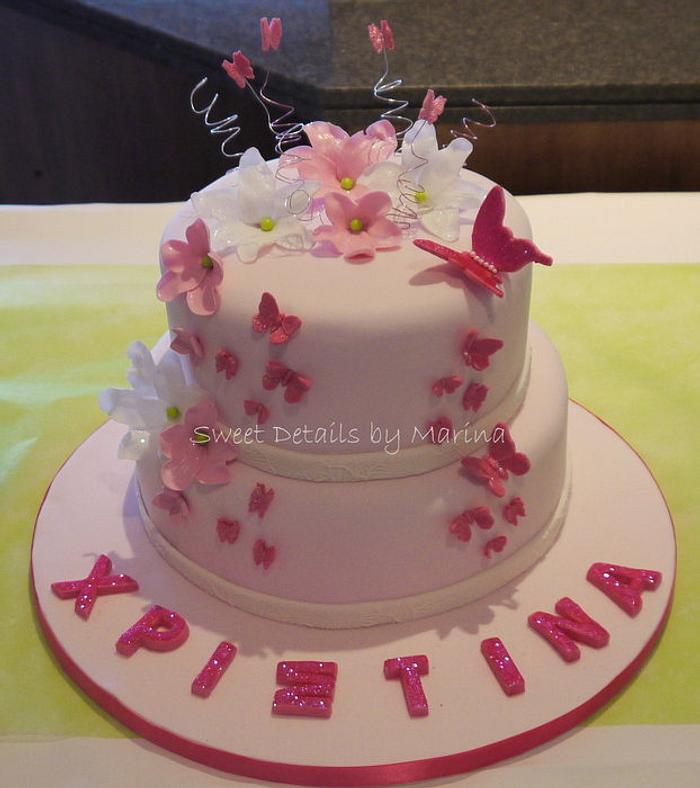 Butterflies and flower christening cake