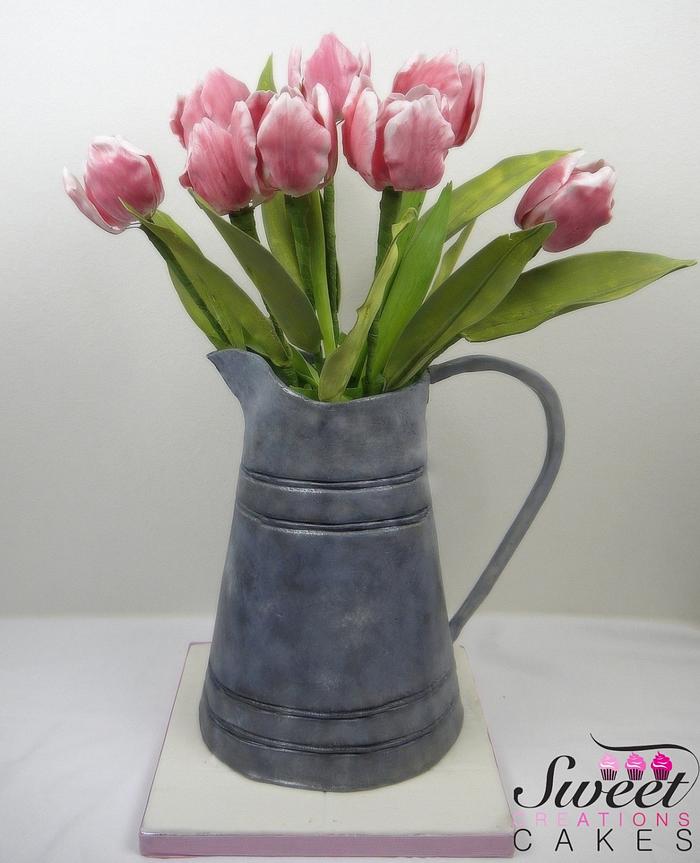 My birthday cake :) , a spring bouquet of tulips in an a galvanized vase