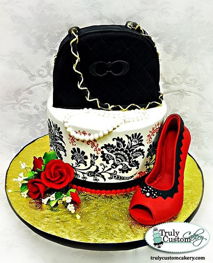 Red and Black Shoe and Purse Cake