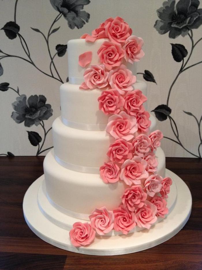 Cascading Coral Rose Wedding Cake