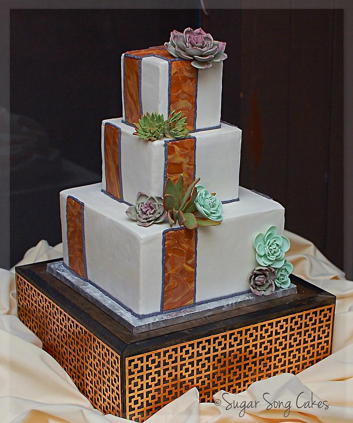 Square Craftsman Inspired Wedding Cake with Succulents