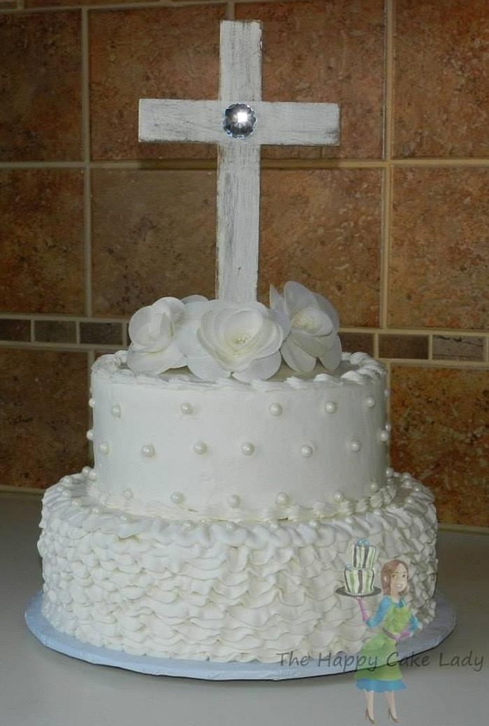 First communion cake with wafer paper flowers