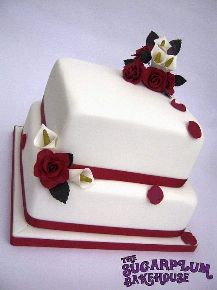 2 Tier Square Roses & Lily Wedding Cake