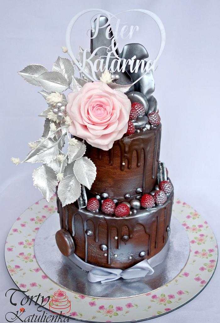 Chocolate Drip Cake with fondant flowers