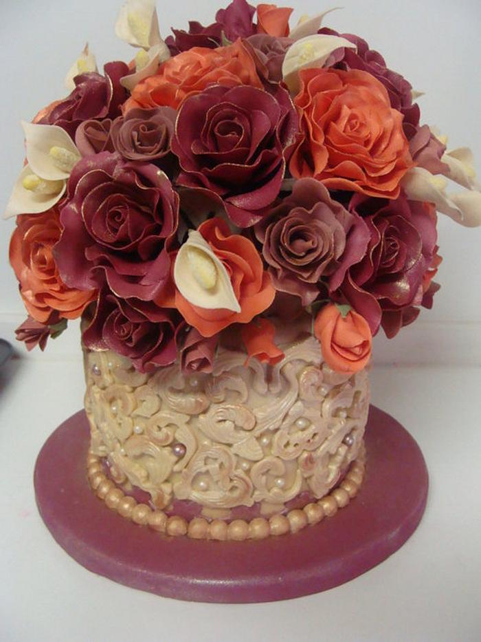 Ivory, Burgundy and Orange mini wedding cake 