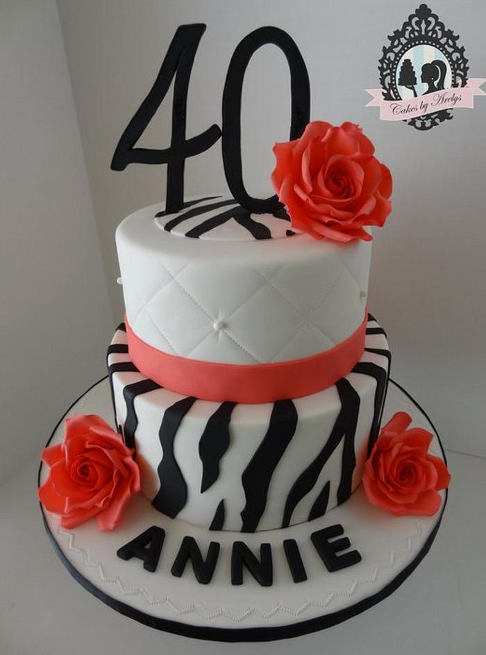 Zebra and Roses 40th Birthday cake