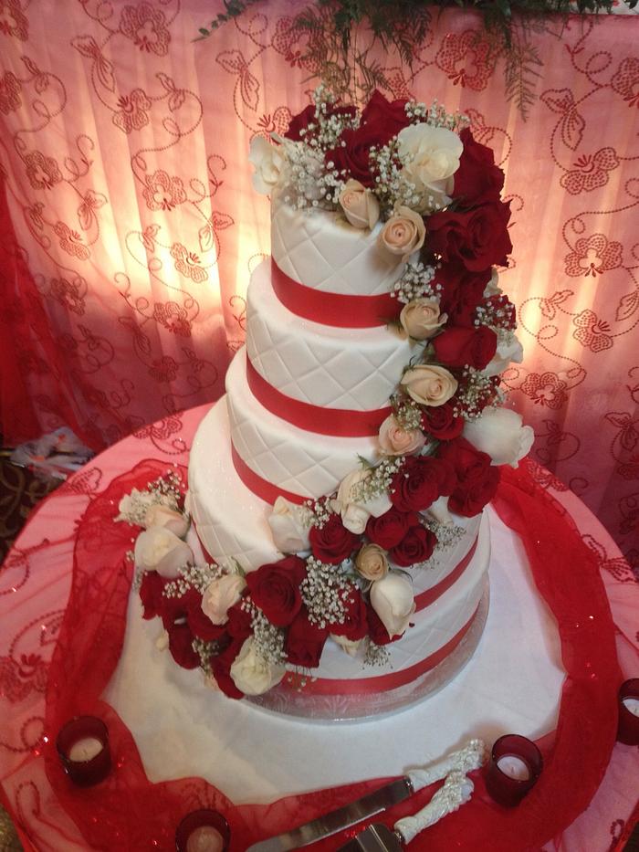 White and red wedding cake