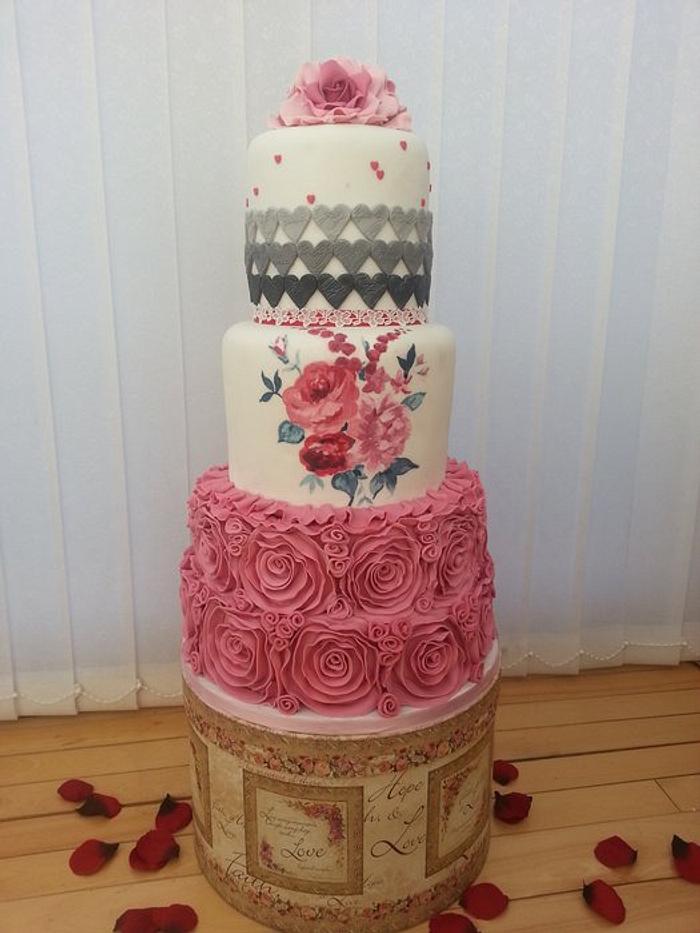 Valentine's Pink and Grey Wedding cake