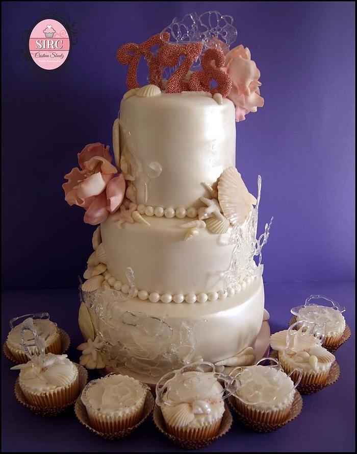 Flowers in the sea wedding cake