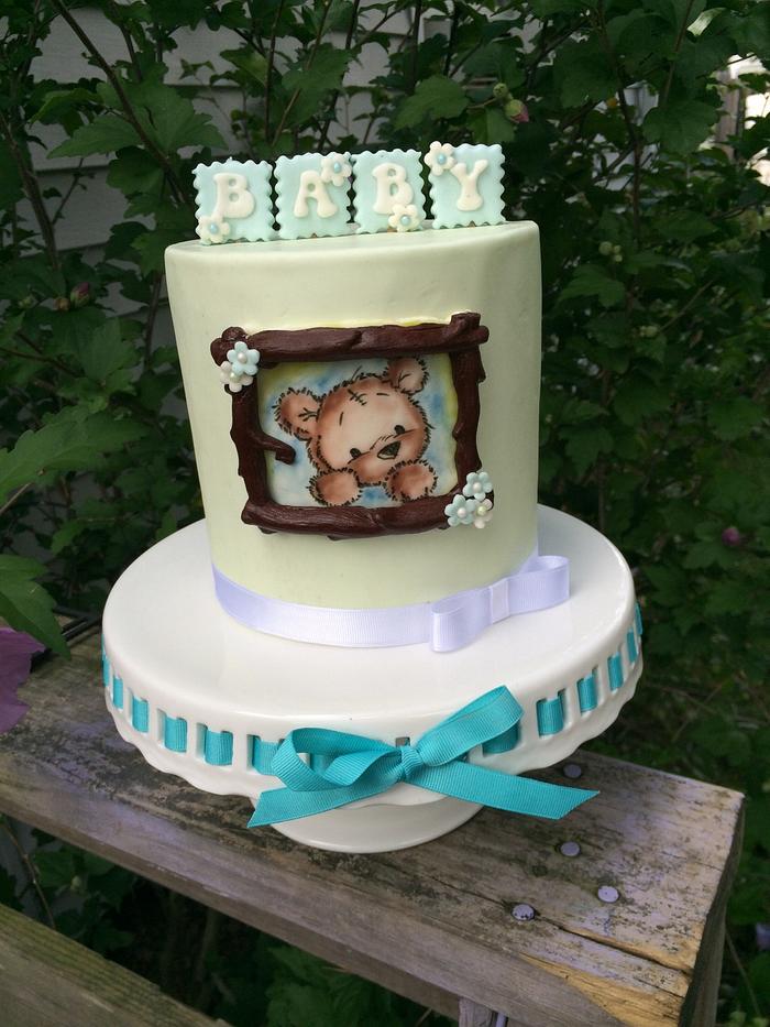 Ganache and fondant covered bear baby shower cake