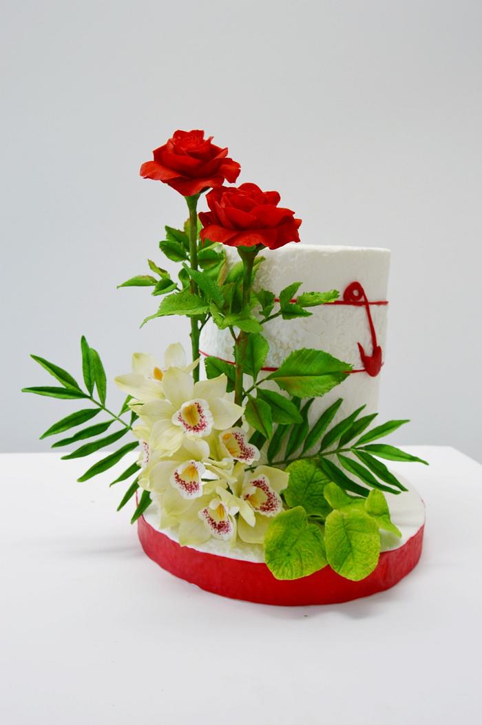 Red Roses and Orchid cake
