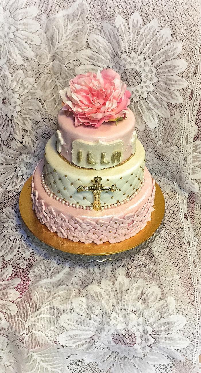 Gold and pink christening cake 