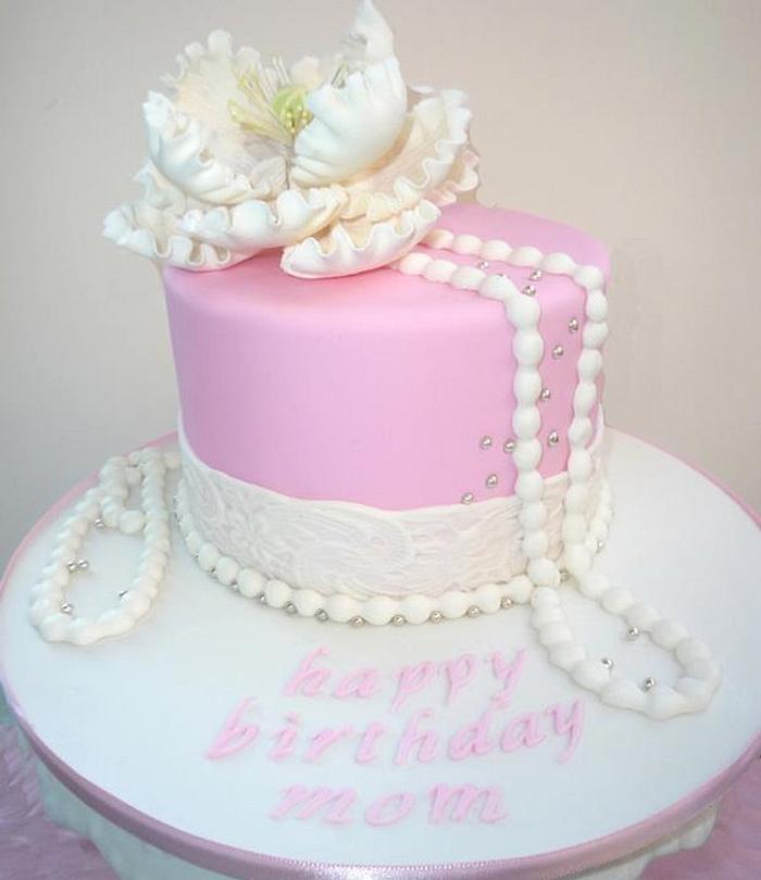 Pink Cake with pearls , lace and peony