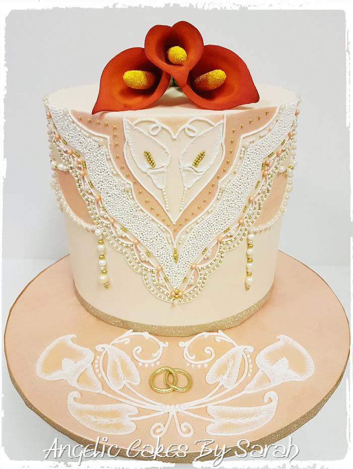 Calla Lily and Beaded Mehndi inspired wedding cake