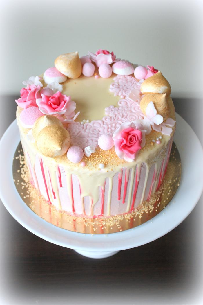 pink dripping cake
