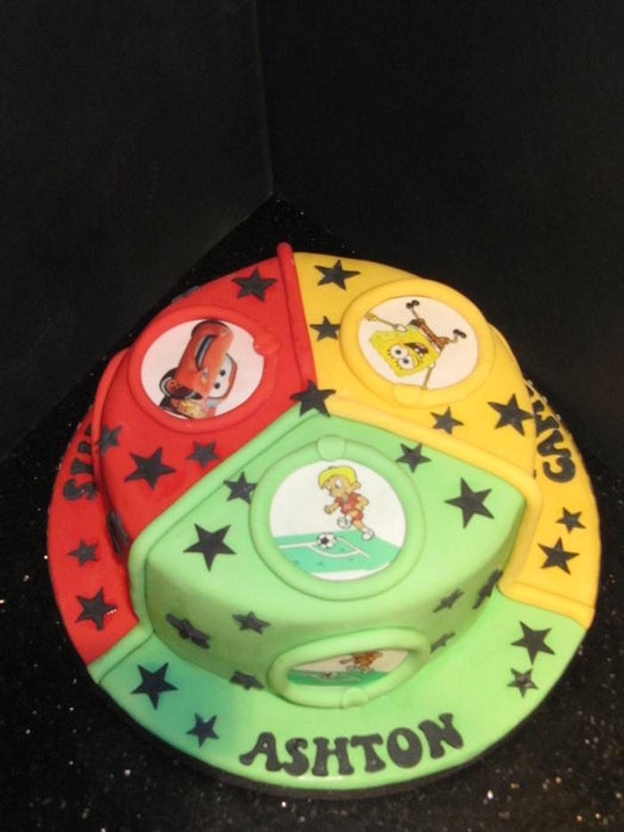 three themed cake for triple birthday 