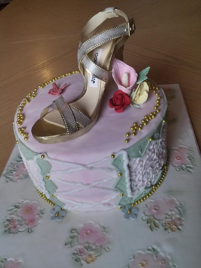 Corset cake with Jimmy Choo sandal for 50th birthday. 