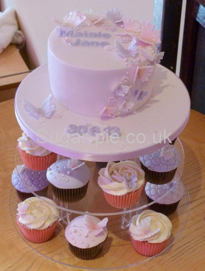 Butterfly christening cake & cupcakes
