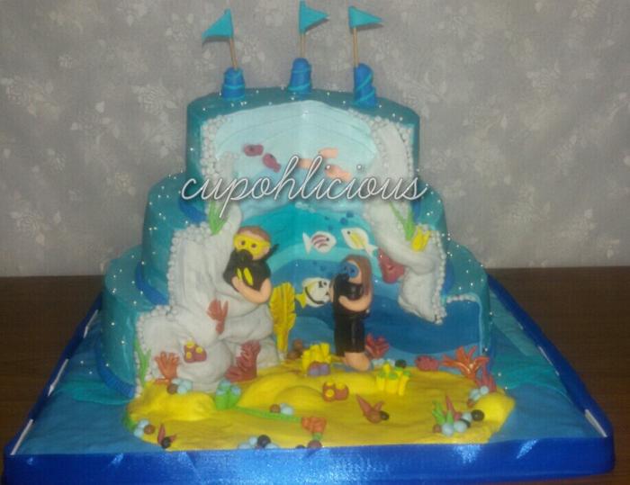 Undersea themed chocolate cake.