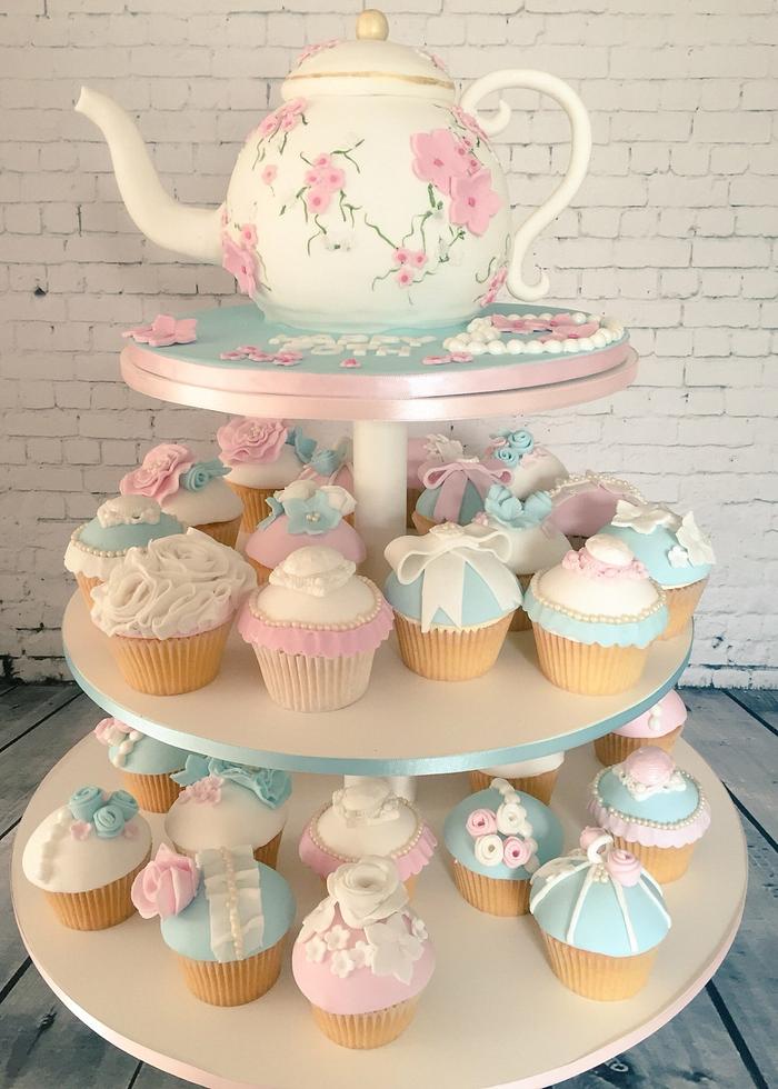 Vintage tea party teapot and cupcakes
