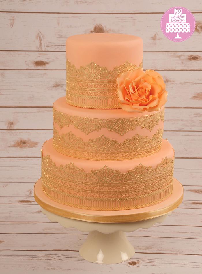 Peach and Gold wedding cake