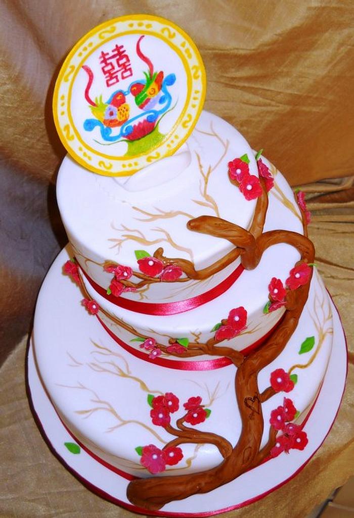 Hand Painted Cherry Blossom Wedding Cake