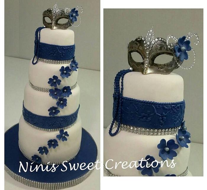 White and Blue Masquerade Themed Cake