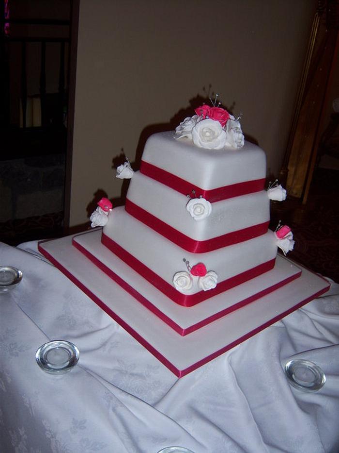 Pink Satin & Rose Wedding Cake