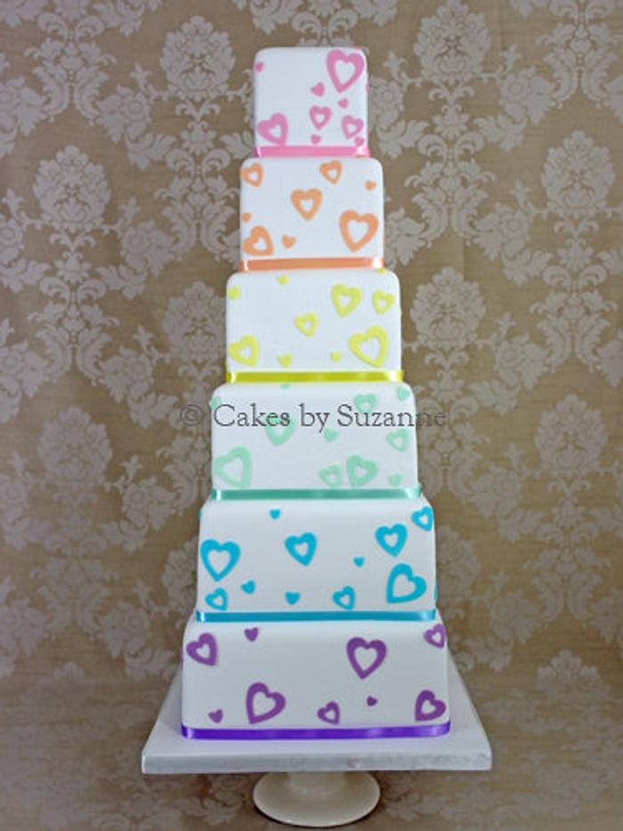 Pastel Rainbow Hearts Wedding Cake