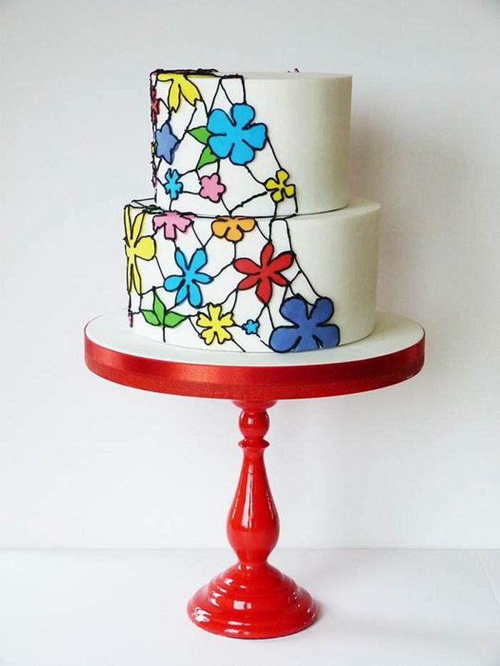 Stained glass whimsical flower wedding cake