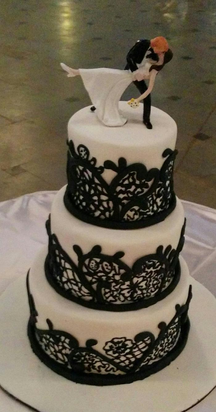 Navy and white wedding cake