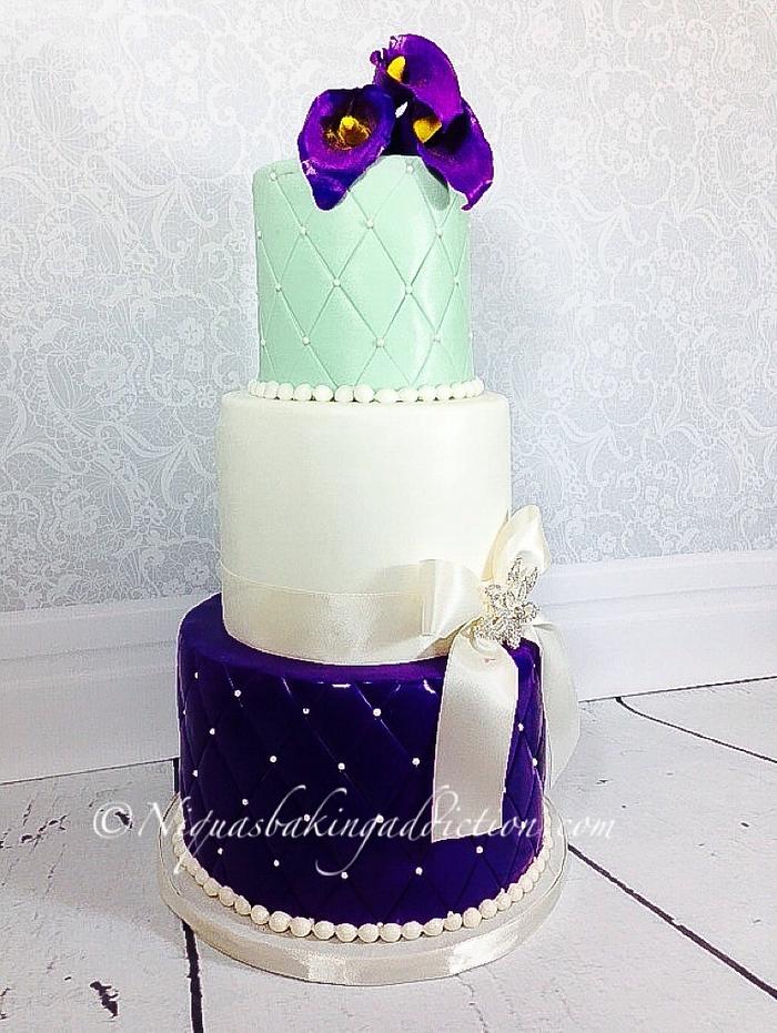 Mint color and purple wedding cake with gumpaste calla lillies