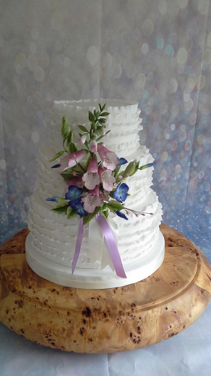 foxgloves and periwinkle wedding cake