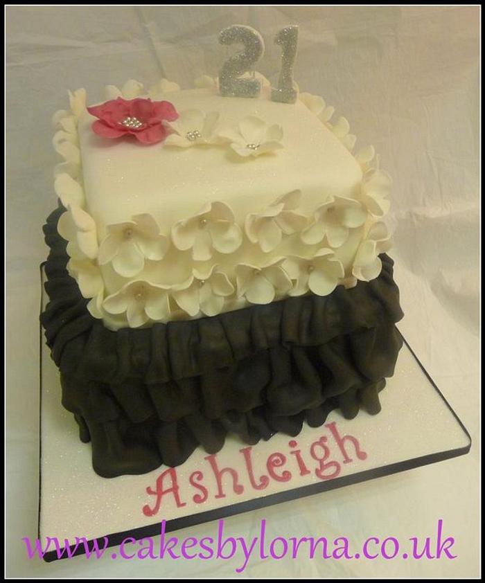 Black and White Floral and Ruffles Birthday Cake