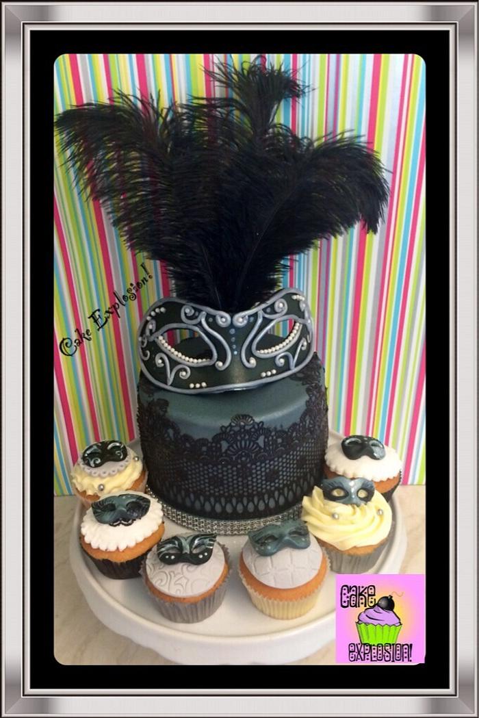 Masquerade mask cake and cupcakes