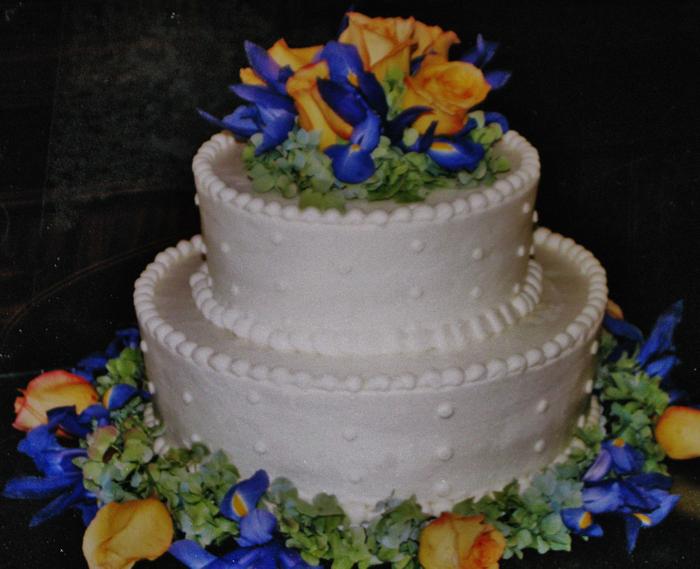 2 tier iris and rose buttercream wedding cake