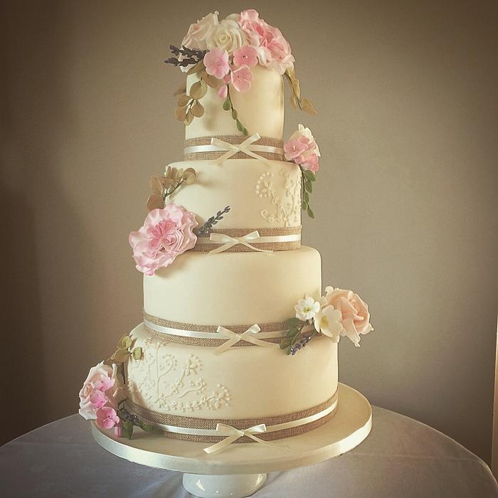 Garden Rose and Lavender Wedding Cake