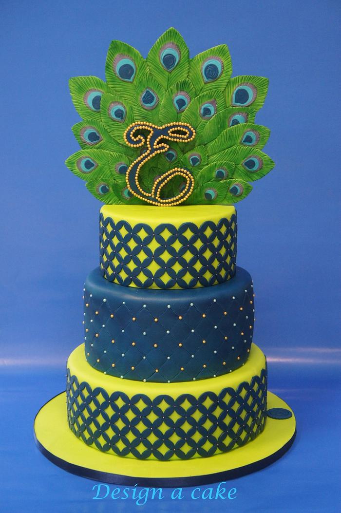 Peacock feathers blue and green cake