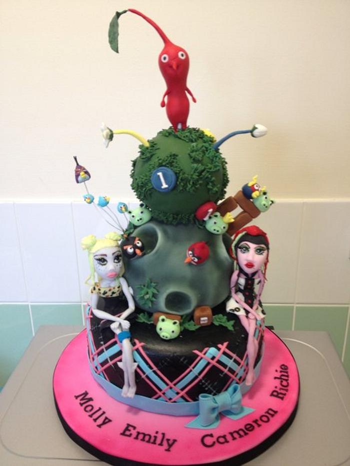 Monster high, angry birds and pikmin cake