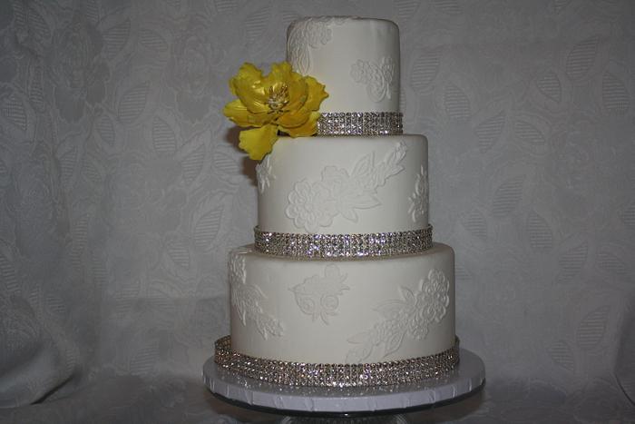 White Rhinestone Wedding cake with yellow Peony