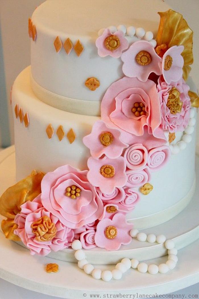 Cascading Fabric Flowers Wedding Cake
