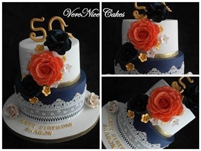 Navy Blue and Coral Cake #Wedding #Cake 