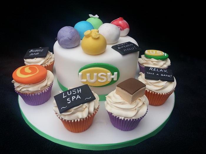 Lush handmade cosmetic themed cake and cupcakes