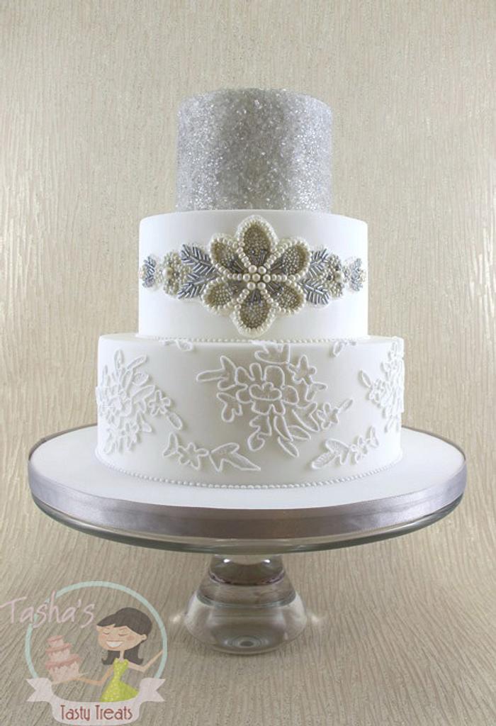 Edible Beaded Sash and Piped Corded Lace Wedding Cake