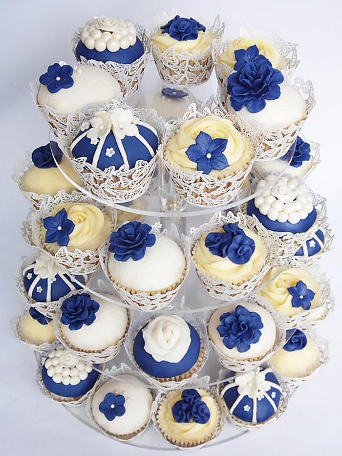 Navy and ivory wedding cupcakes