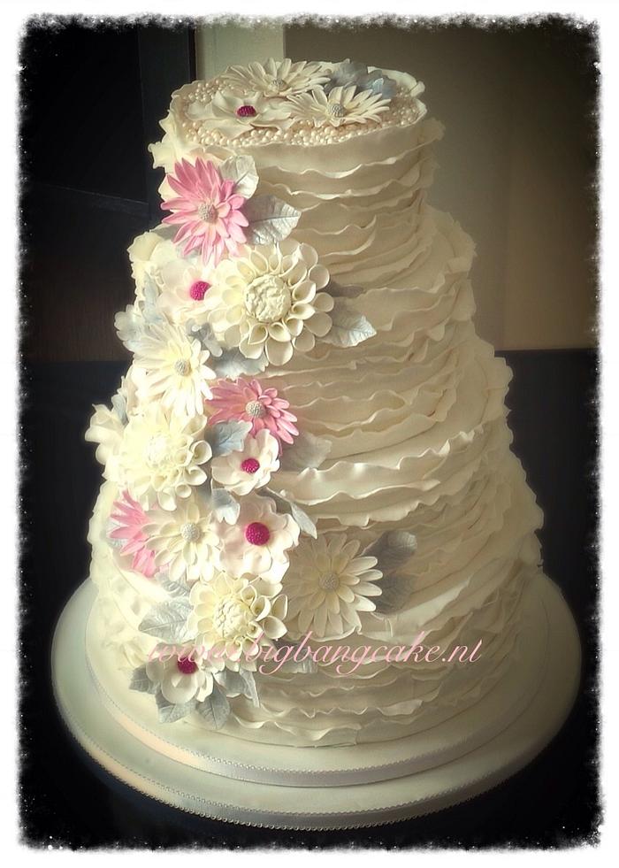 Wedding cake,  ruffles and flowers