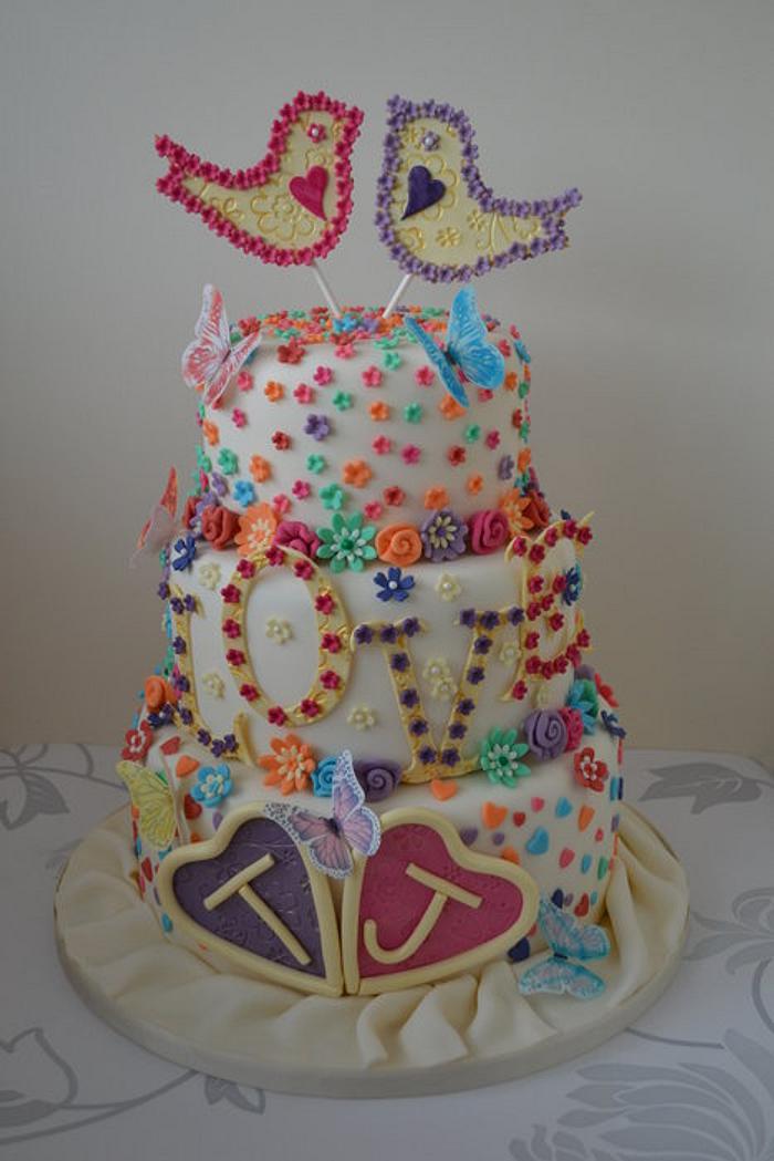 Colourful Love Bird Wedding Cake