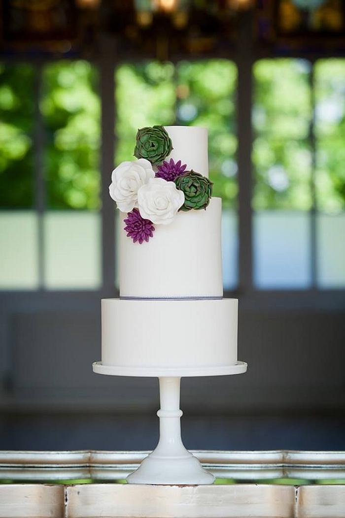 Roses and Succulents White Wedding Cake